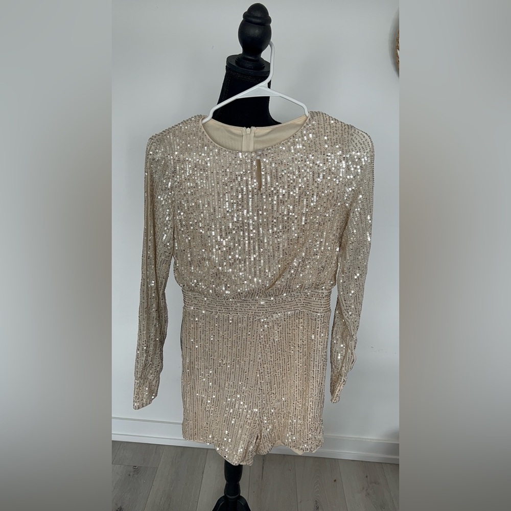Sequin Long-Sleeve Romper in Champagne